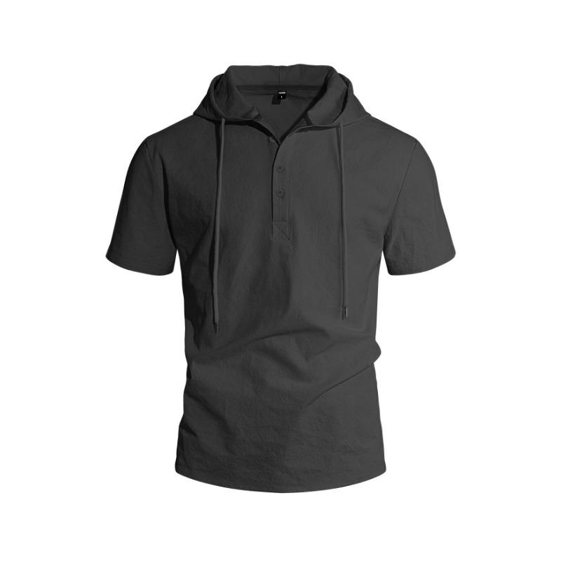 Men's Linen Short Sleeve Hooded Shirt Solid Color Beach Casual.
