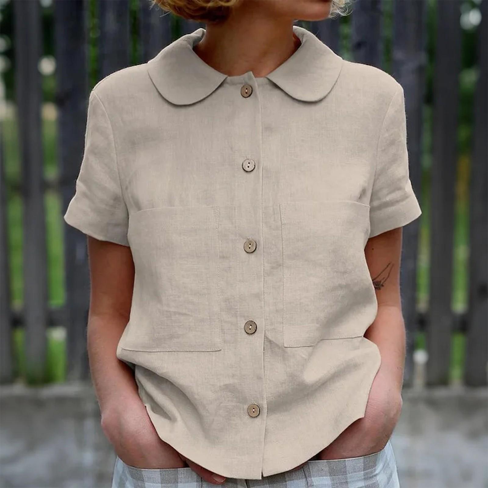 

Женский модный однотонный топ с короткими рукавами и круглым вырезом на пуговицах S хаки