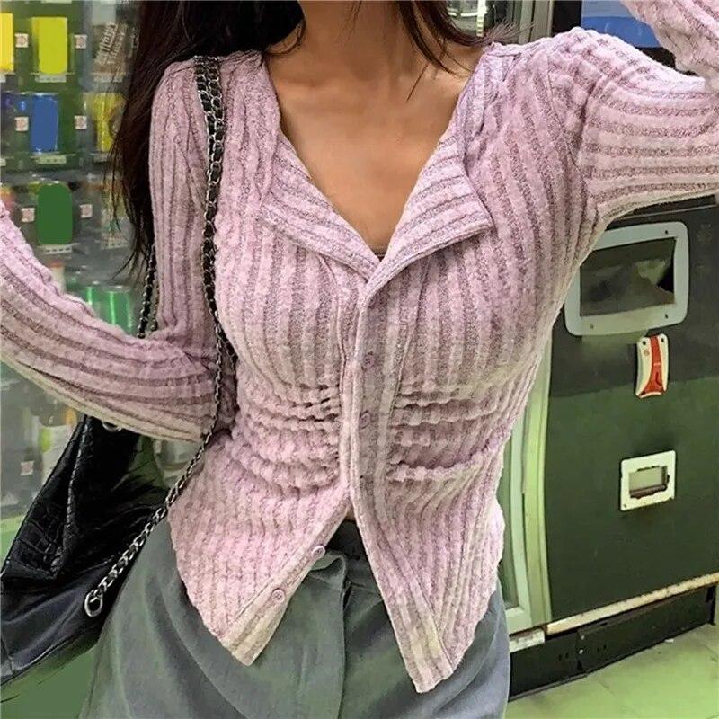 Knitted Cardigan Women Collar Sweater Coat Vintage Long Sleeve Single Breasted Top Autumn Fashion Girls Knitwear Jumper