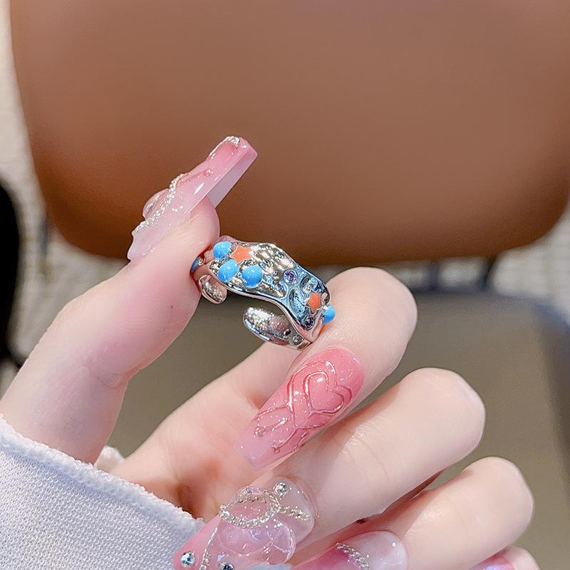 Retro Style Colored Flowers Stars High-End Open Ring Niche Design Ring Adjustable Personalized Hand Jewelry