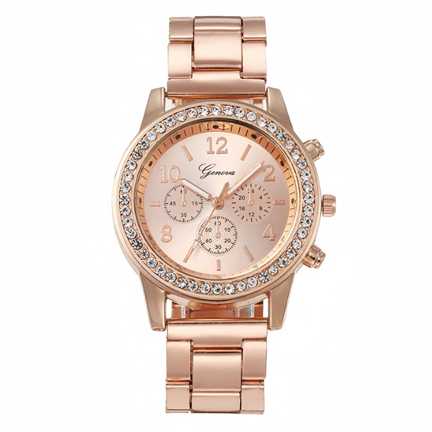 

Трехстрелочные часы с бриллиантовым ремешком из легированной стали Женский кварцевый набор часов Geneva ярко-розовый