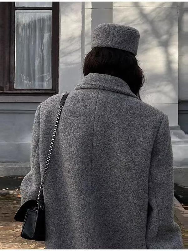 2026 Spring/Fall Women s European & American Lapel Long-Sleeve Gray Wool Coat Large серый