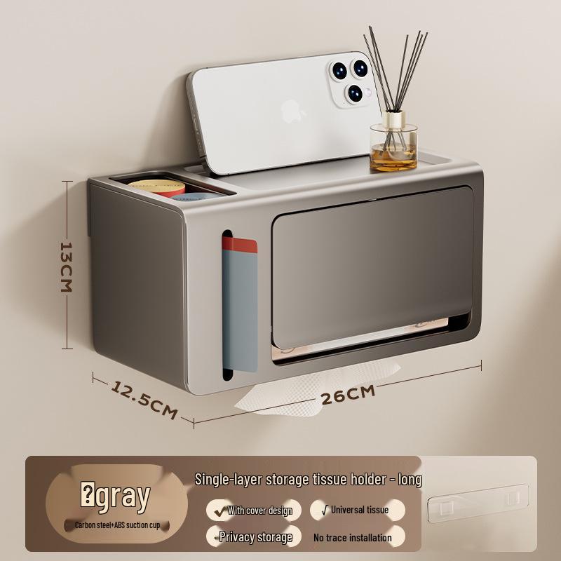 Cutie de șervețele și raft de depozitare montat pe perete fără găuri | Suport pentru rolă de toaletă și dispenser de baie