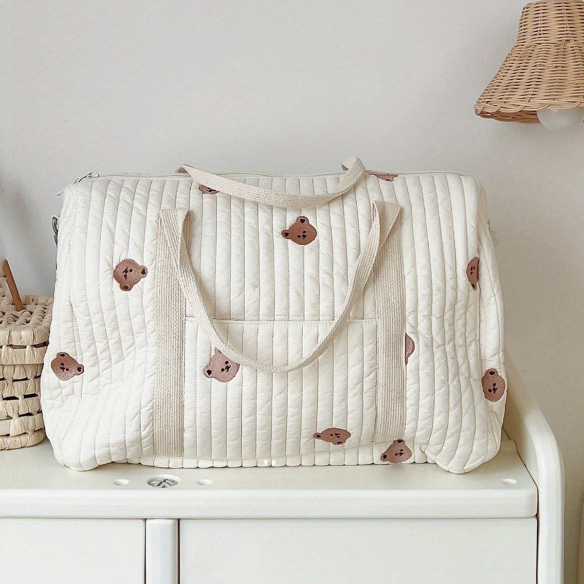 

Мода Простой Вышитый Милый Медведь Хранение Молния Вышитый Хлопок Мама Детская Коляска Сумка Сумка для Подгузников бежевый