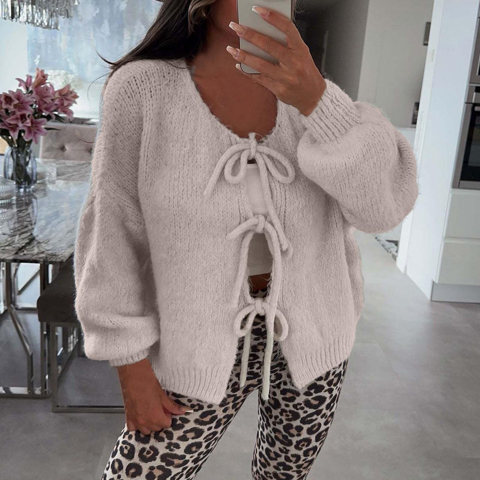 

Женский кардиган с круглым вырезом и длинными рукавами, на шнуровке, приталенный L бежевый