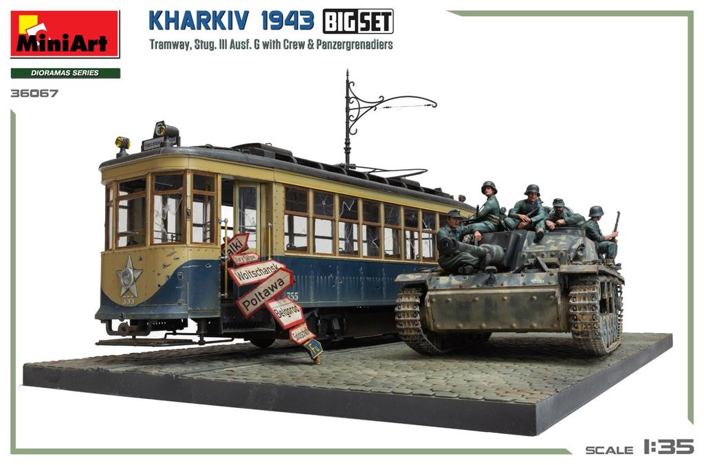 Miniart 1/35 Scale Kharkov 1943 Tram & Stug III Ausf. G with Crew Big Set Plastic Model Kit MA36067 (Scenery)