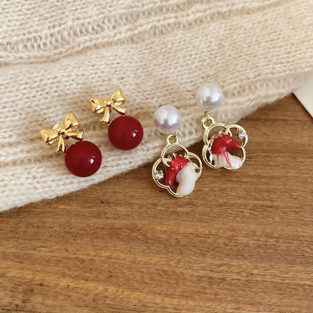 Bowknot New Year Horse Earrings Chinese Style Cartoon Horse Red Pony Earrings Fashion Jewelry Elegant Horse Mascot Drop Earrings