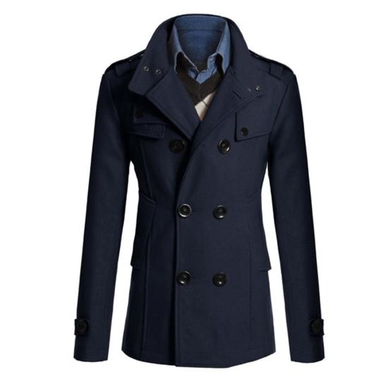 Men Long Sleeve Lapel Collar Double-breasted Pockets Woolen Slim Trench Coat