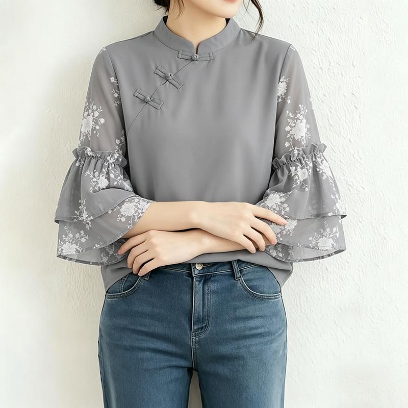 ZANZEA Women Casual Stand Collar Loose Print Splice 3/4 Sleeve Blouse