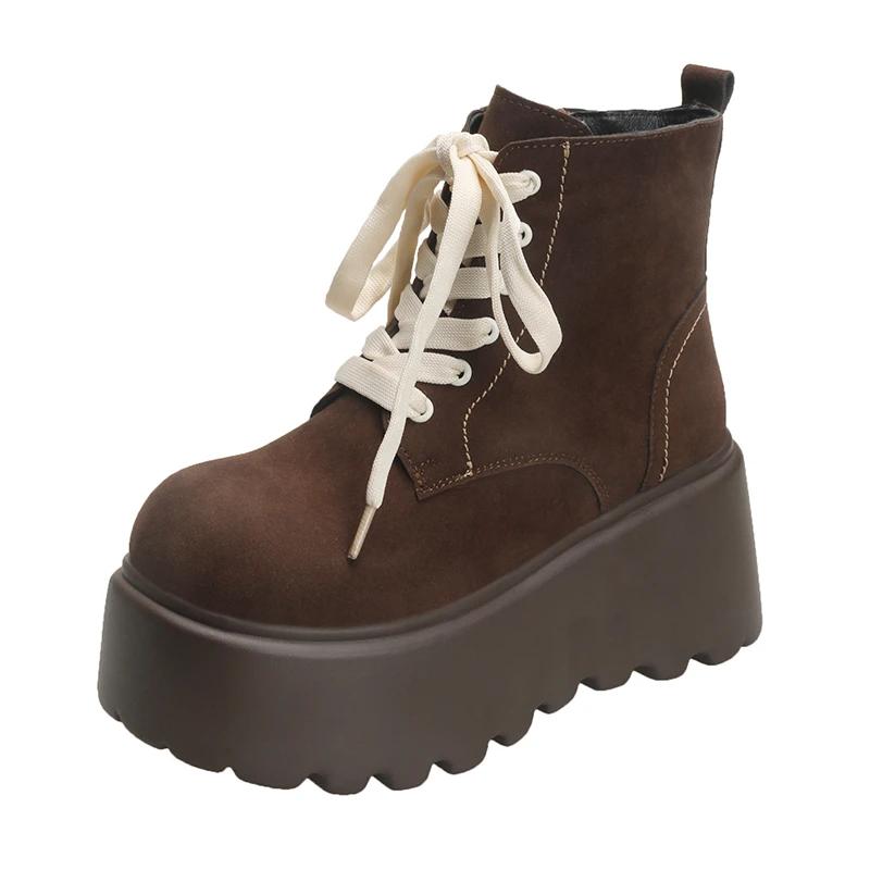 

Модные женские ботильоны из флока высотой 8 см, зимние теплые меховые кроссовки на толстом каблуке, нескользящие панковские туфли на шнуровке, дышащие мотоциклетные ботинки на высокой платформе 39 коричневый