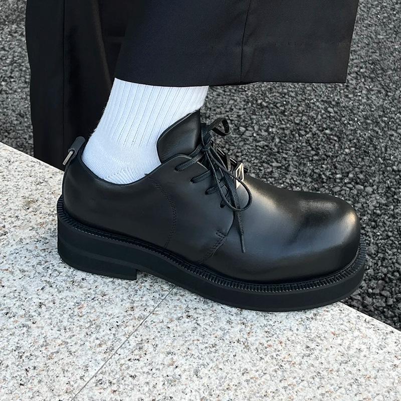 

Niche cowhide big head Derby shoes for men and women of the same British style black round head platform small leather shoes heightening casual shoes 45