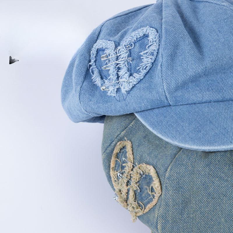 Niche Design Retro Old Edged Love Denim Beret Women's Face Showing Little Painter Octagonal Hat Newspaper Boy Hat