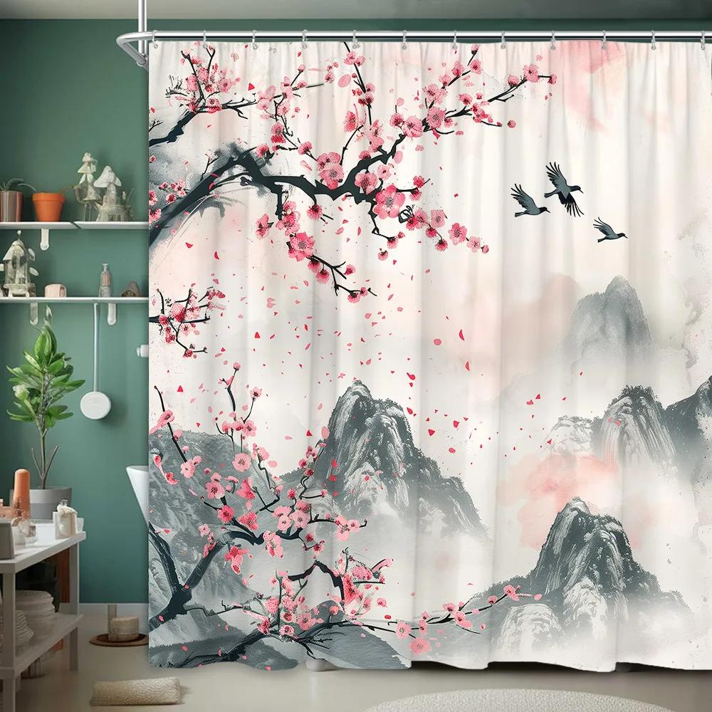 Asian Scenery Shower Curtain Koi Cherry Blossom Vintage Bird Lotus Mountain Ink Painting Polyester Fabric Bathroom Decor Curtain