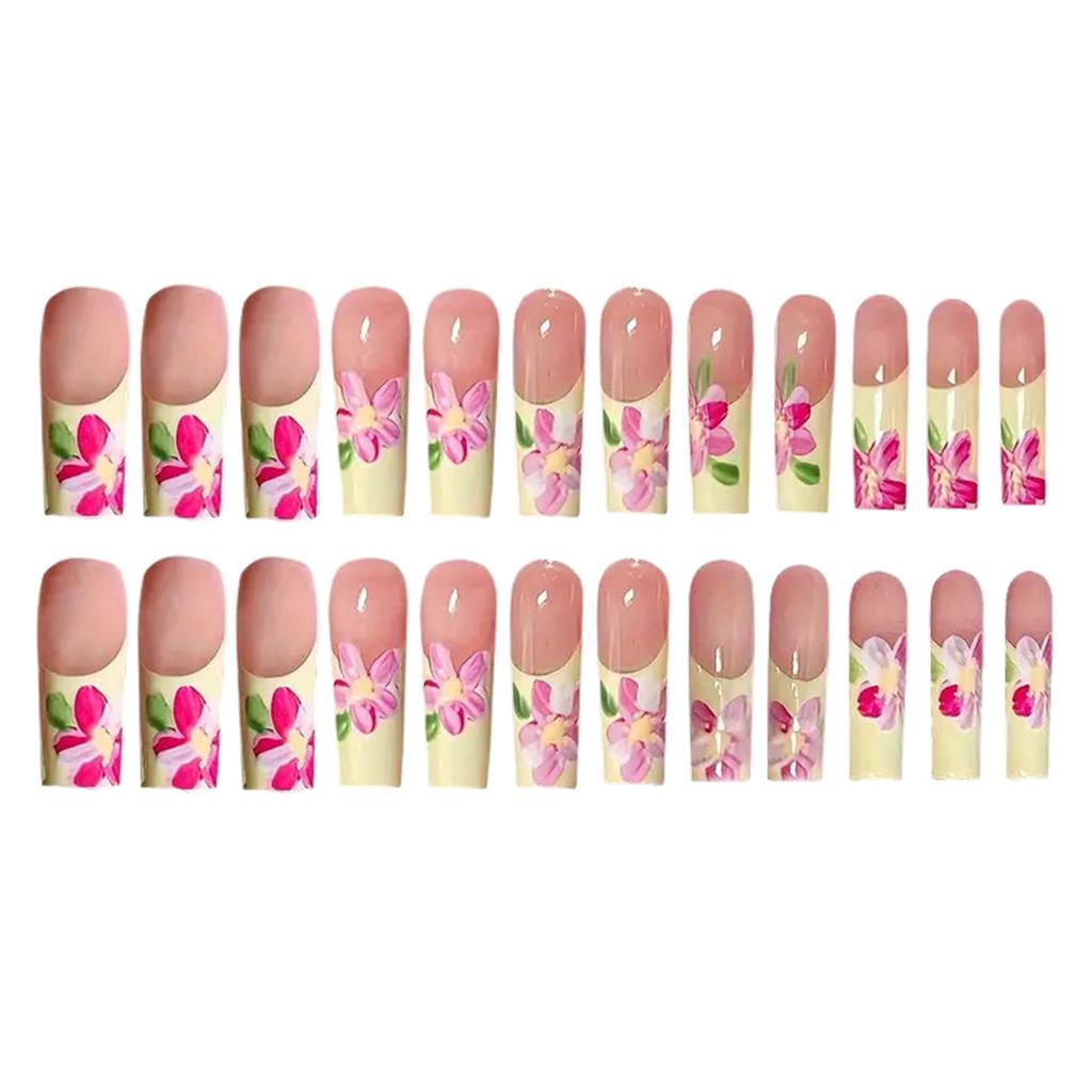 24Pcs Flower Design Fake Nails Resin Charming Reusable False Nails for Party and Daily Use