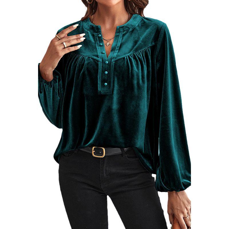 

Осень 2024 Новое поступление Однотонный пуловер с длинными рукавами Женский Европейский и американский элегантный стиль Бархатный рукав-фонарик Теплозащитная рубашка Женская Green Size S fit (45.00 kg-55.00 kg