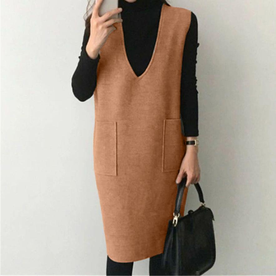 

Шерстяное платье-майка без рукавов, женские осенне-зимние однотонные свободные платья-миди с жилетом и нижней частью XL темные хаки