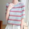Navava Women Stripe Point Round Neck Short Sleeve Knit Nk3036