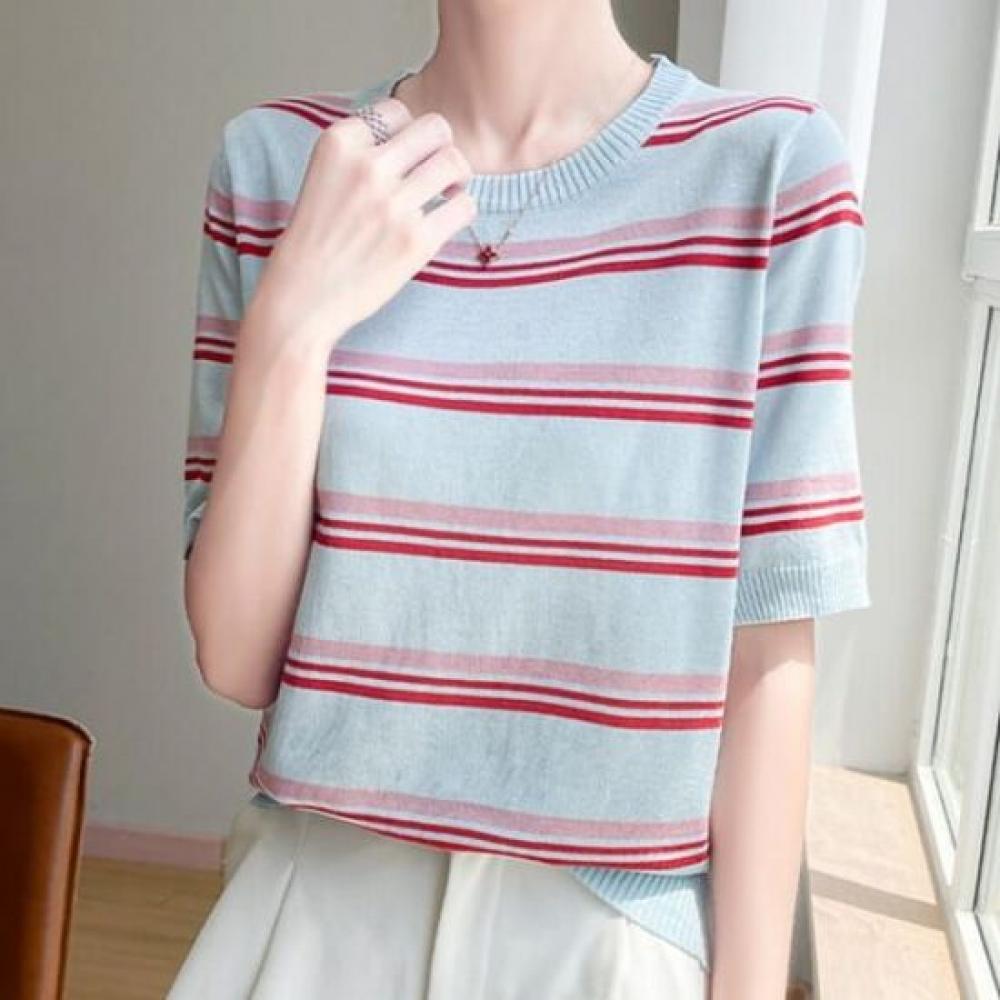 Navava Women Stripe Point Round Neck Short Sleeve Knit Nk3036