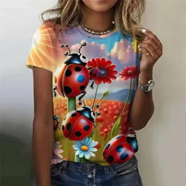 Cute Little Animal Printed Round Neck Short Sleeved T-shirt Soft Comfortable Creative Fun Women's Casual T-shirt