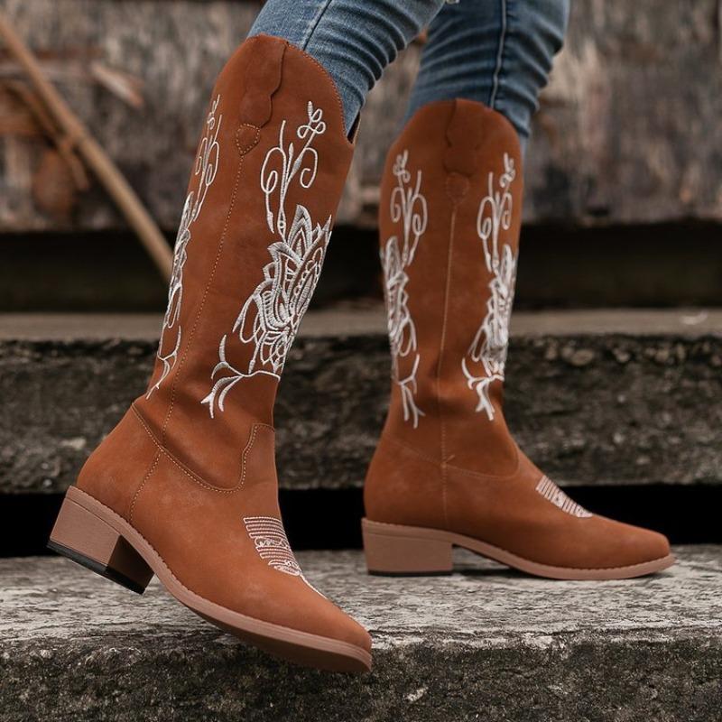 Large size embroidered high tube but knee fashion boots autumn and winter new square heel round head women's boots