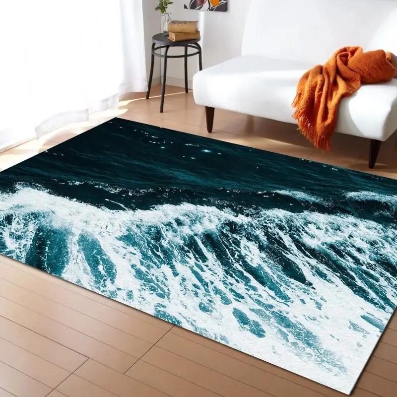 Alfombra Estampada de Olas Marinas para Decoración de Sala de Estar en Casa Felpudo Antideslizante para Dormitorio Mesita de Noche Alfombras para Área de Mesa de Café Felpudo para Baño