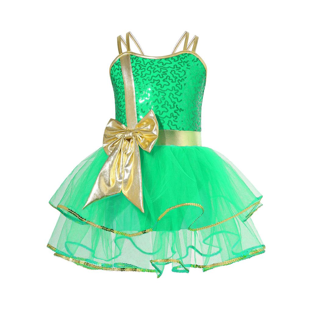 Girls Christmas Dance Dress Double Spaghetti Straps Sleeveless Shiny Sequins Bow Cami Leotard Bodysuit