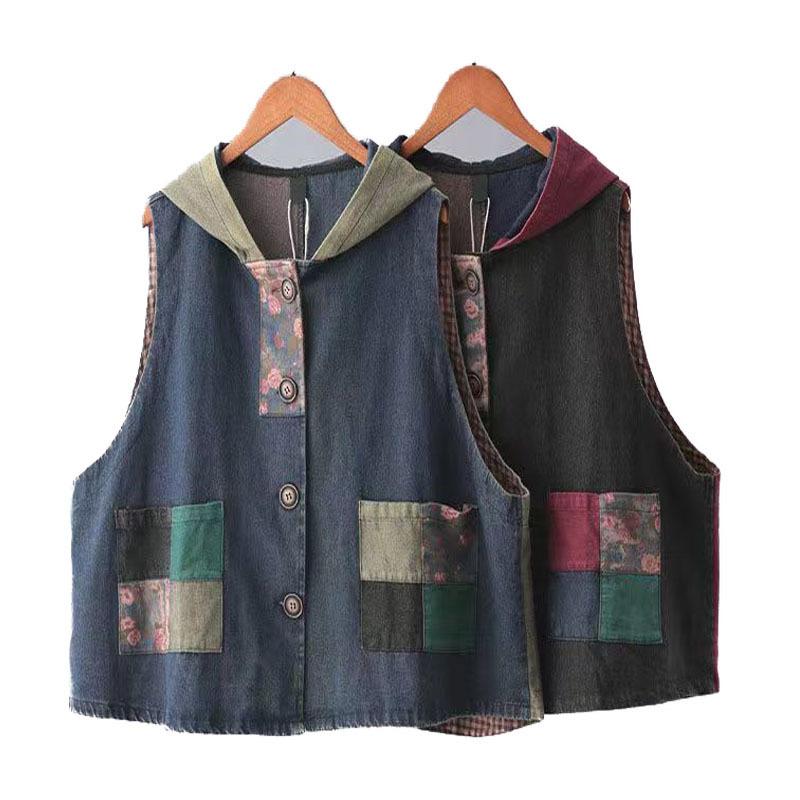 Jeansweste Damen Kapuzenärmellose Jacke Frühling Sommer Femme Koreanisch Vintage Bedruckt Patchwork Denim Weste