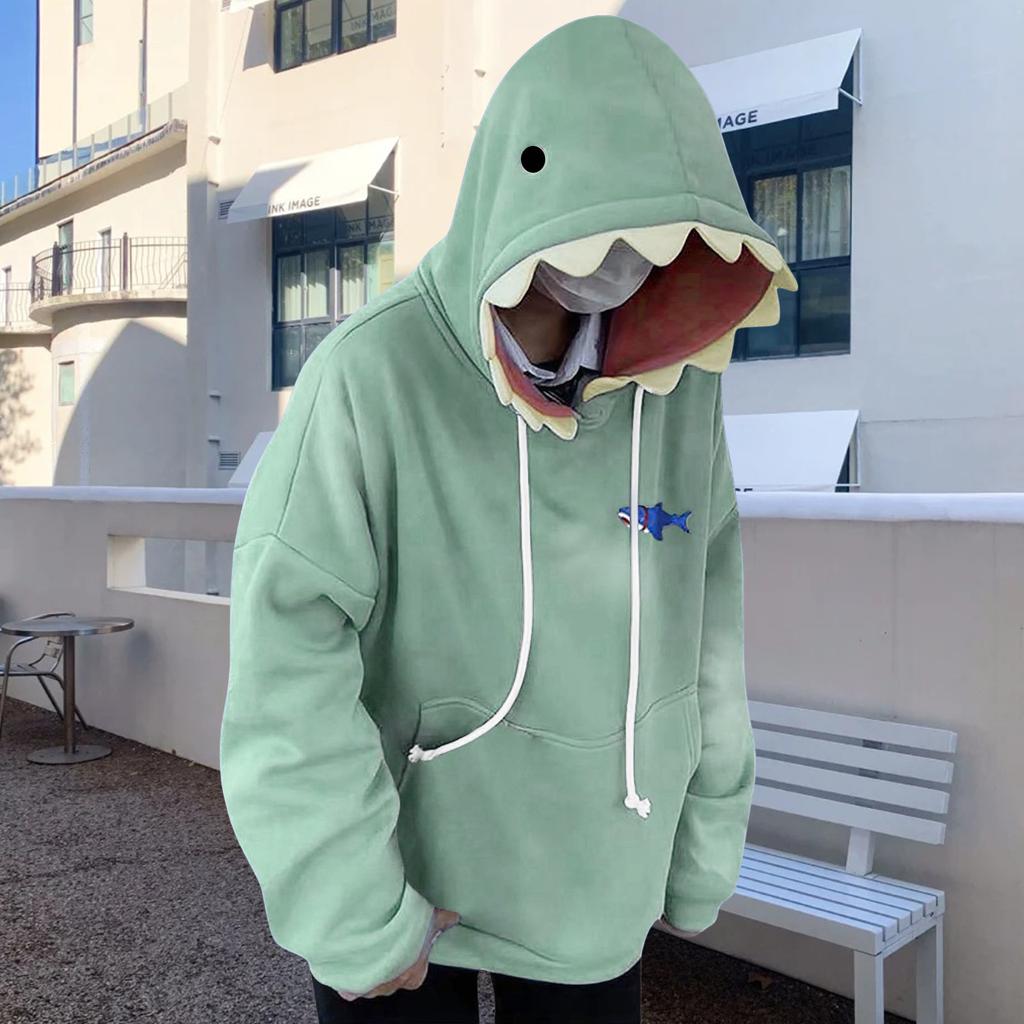 Women's Casual Loose Fit Pullover Hoodie with Shark Design Hood and Front Pocket Long Sleeve Sweatshirt for Everyday Wear
