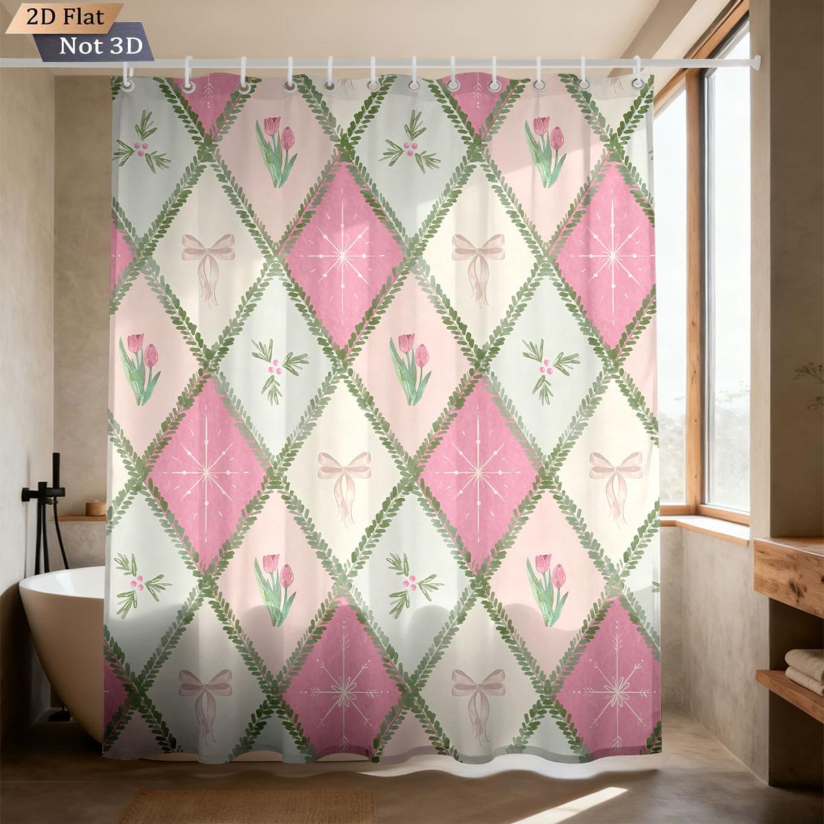 

1Pc Grid Pink Floral Print Waterproof Shower Curtain Partition Privacy Hanging Curtain With 12 Hooks In Various Sizes W60H190(CM)-1 Pcs