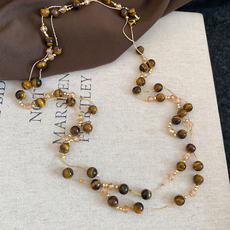 Stylish Natural Stone Tiger Eyes Glass Beads Strand Necklace for Women Gold Copper Long Double Layers Sweater Chain