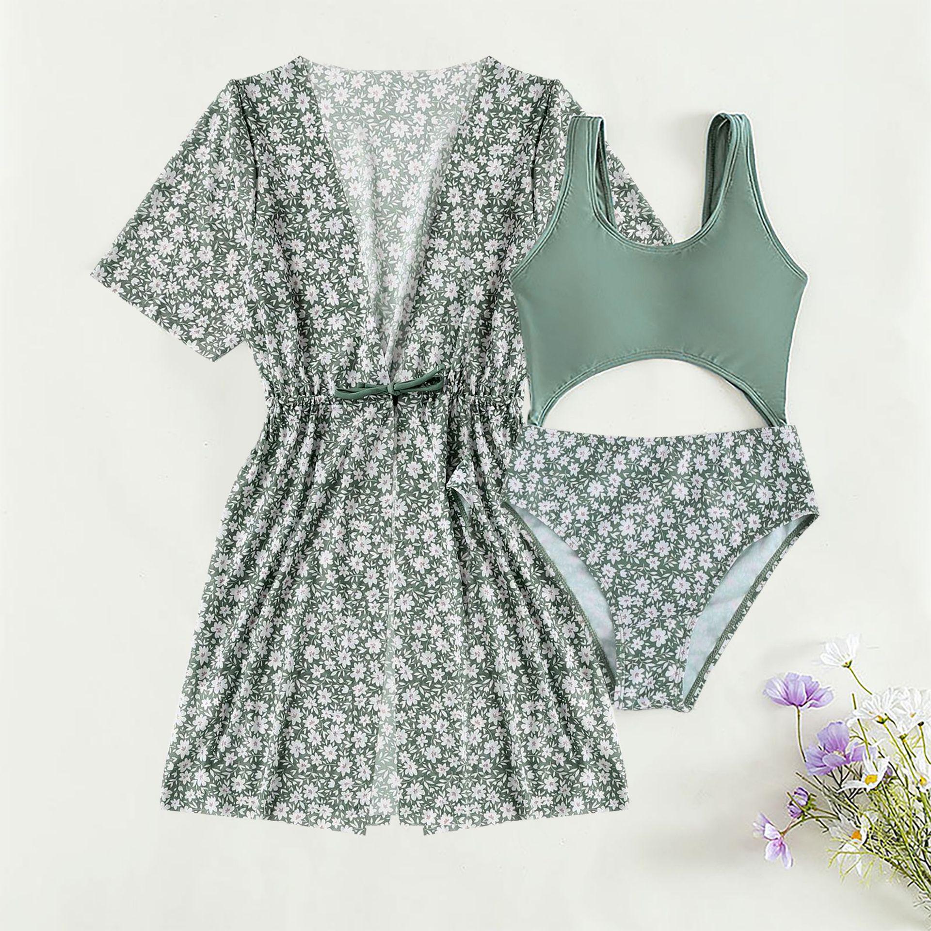 

2024 Девочки Купальник из трех частей с принтом листьев - Раздельное бикини для детей среднего и большого возраста 10-11 Years