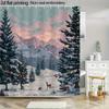 Snowy Mountain Deer Shower Curtain – Pine Trees, String Lights, 2D Flat Print, Polyester, 70.8"X70.8"Inches