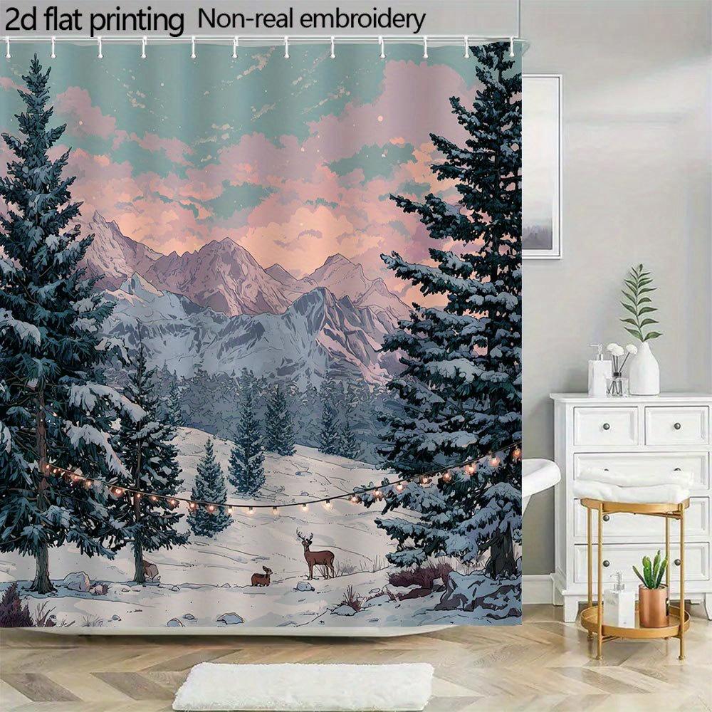 Snowy Mountain Deer Shower Curtain – Pine Trees, String Lights, 2D Flat Print, Polyester, 70.8"X70.8"Inches