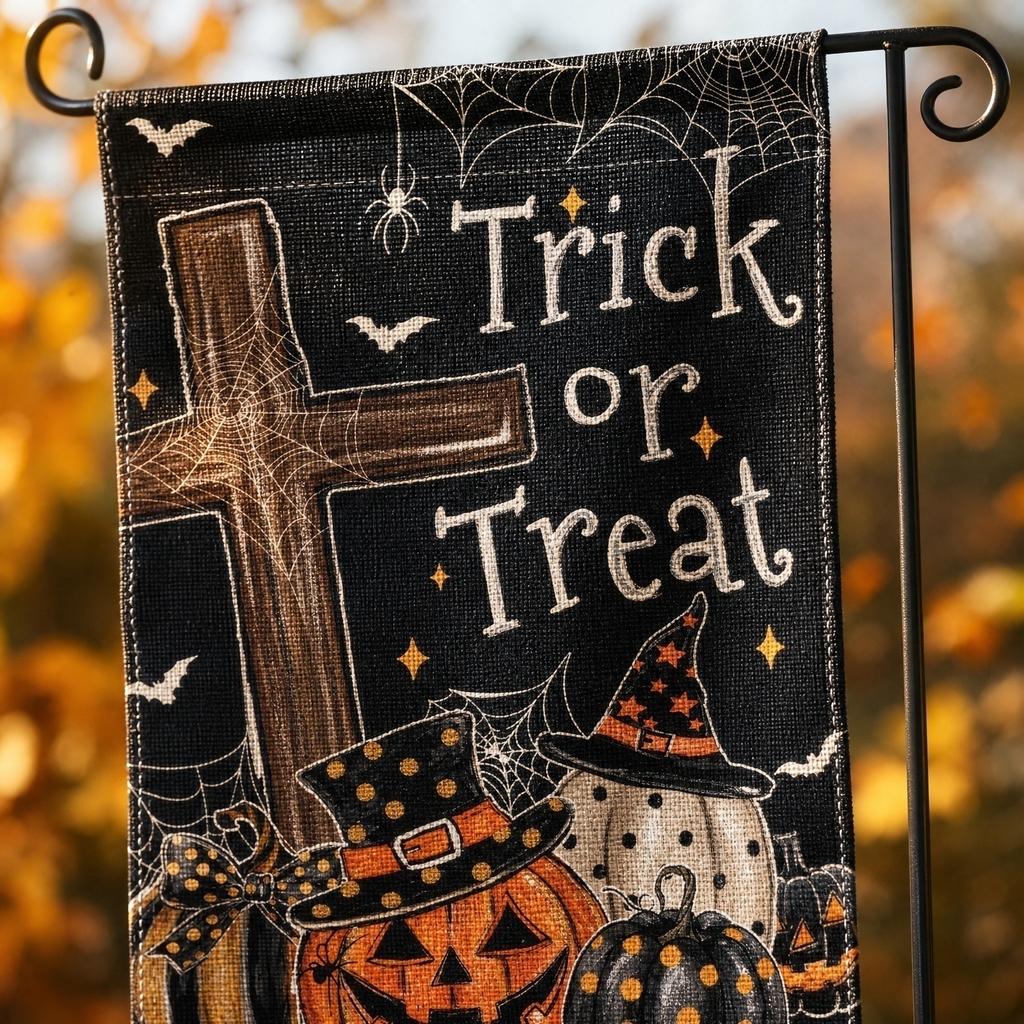 Halloween Decorative Garden Flag Trick or Treat Design with Pumpkins Spider Webs and Bats for Outdoor Yard Display 45x30cm