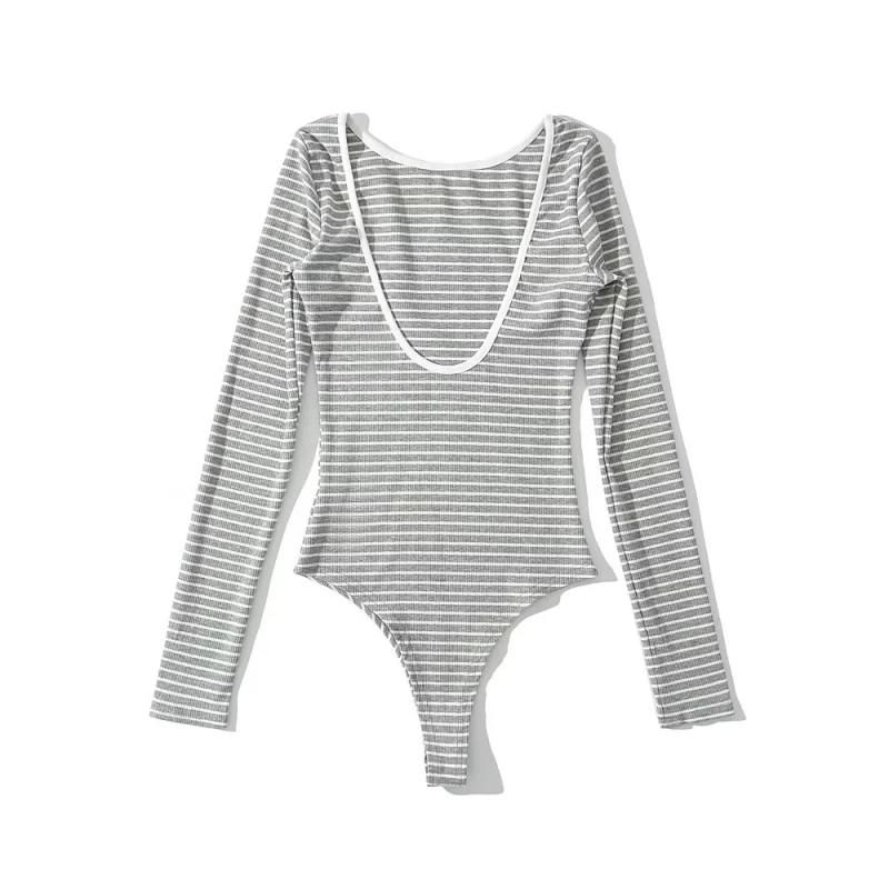 

Ретро Полоска Смешанных Цветов С Открытой Спиной Цельный Женский Топ Стрейч Облегающий Формирующий Спину Ластовица Цельный Модный Новый Топ Light gray S