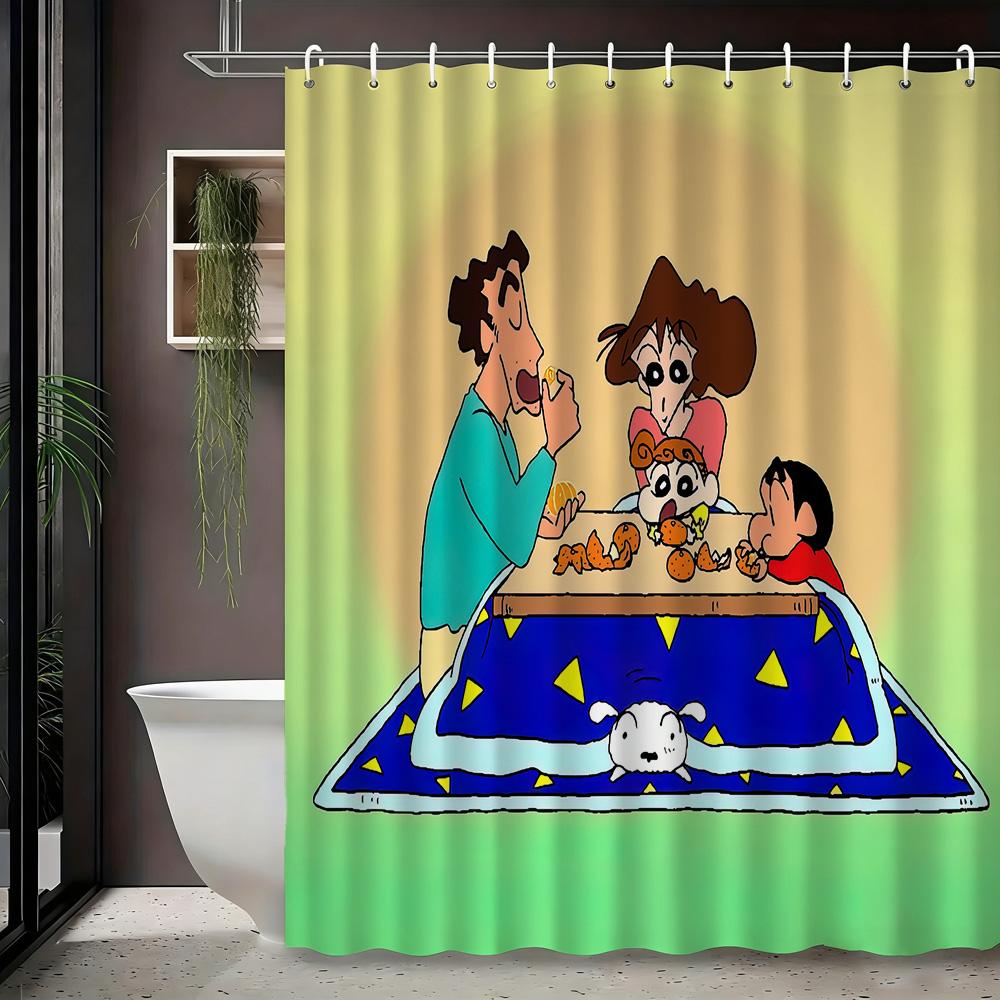 Crayon Shin-Chan & Friends School Uniform & Robot Statue Scene 2D Print Waterproof Shower Curtain, Blue & Yellow Bathroom Decor