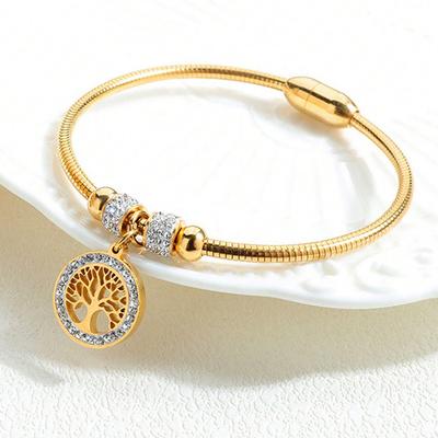 Ladies Magnetic Hollow Tree of Life Bracelet Titanium Steel Rhinestone Design Fashion Simple Jewelry