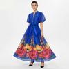 French Vintage Flower Maxi Dress Women Puff Sleeve V-Neck Elegant Floral Print High Waist Sashes A-Line Summer Beach Long Maxi Dresses