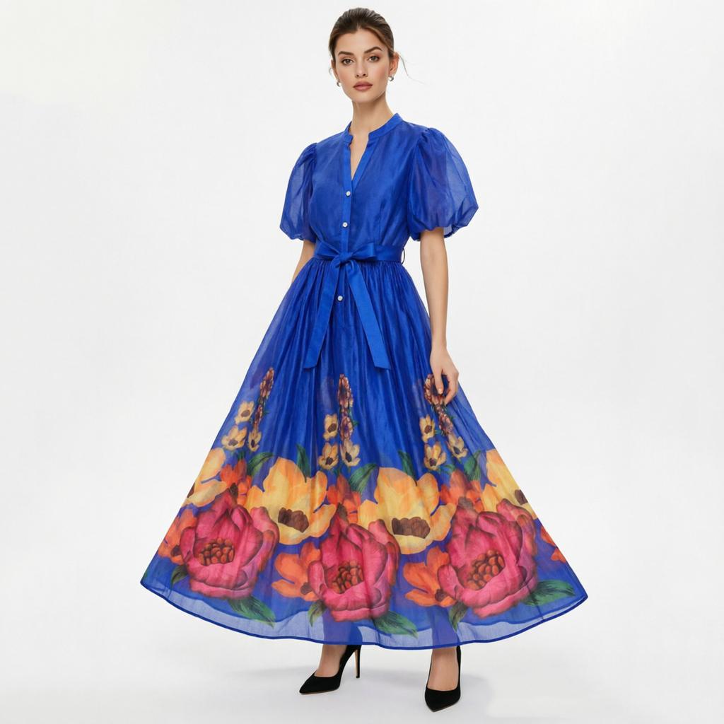 French Vintage Flower Maxi Dress Women Puff Sleeve V-Neck Elegant Floral Print High Waist Sashes A-Line Summer Beach Long Maxi Dresses