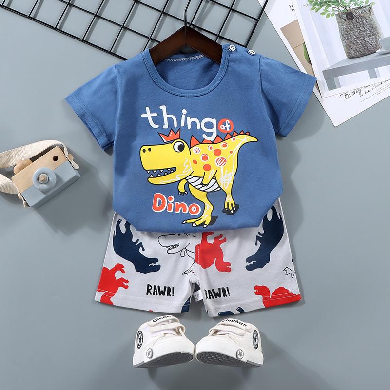 Set de pantaloni de tricou cu mânecă scurtă pentru copii de vară, cu mânecă scurtă, 2 bucăți, largi, din bumbac, ținută de desene animate