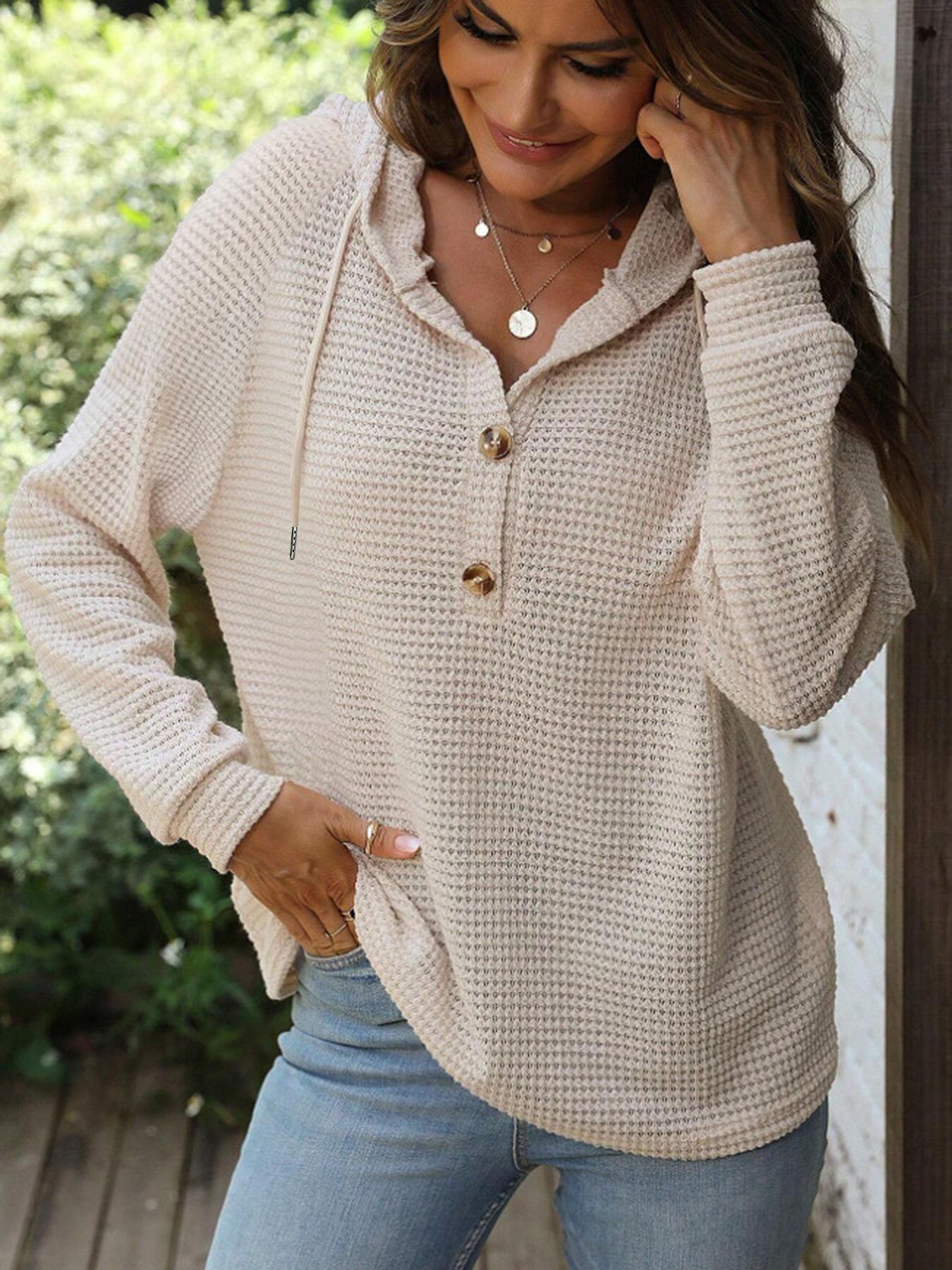 

Женская осенняя новая однотонная куртка с длинным рукавом и капюшоном на пуговицах, вафельная свободная толстовка M бежевый