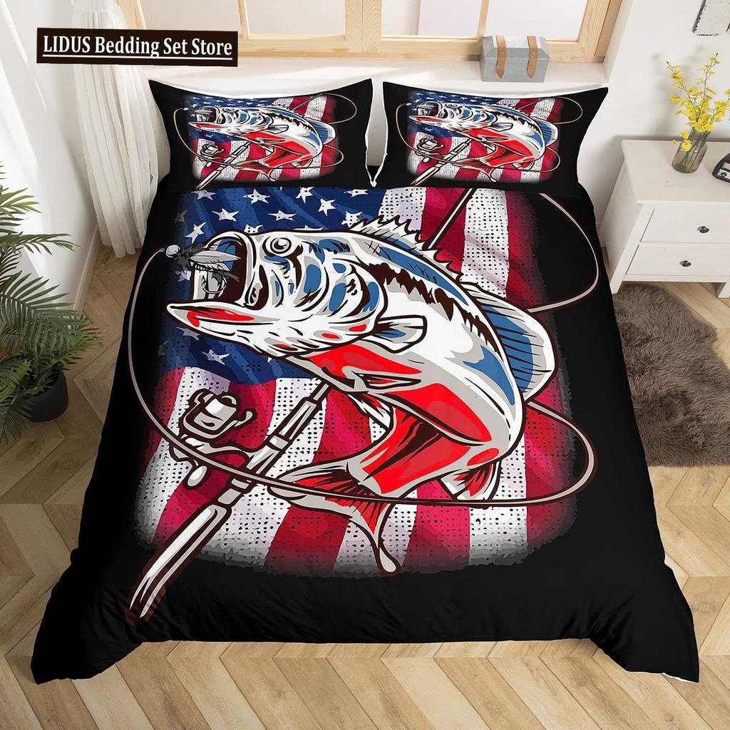 Pike Fish Bedding Striped Bass Big Pattern Hunting And Fishing Themed Duvet Cover For Kids Boys BedRoom Decorations For Teens