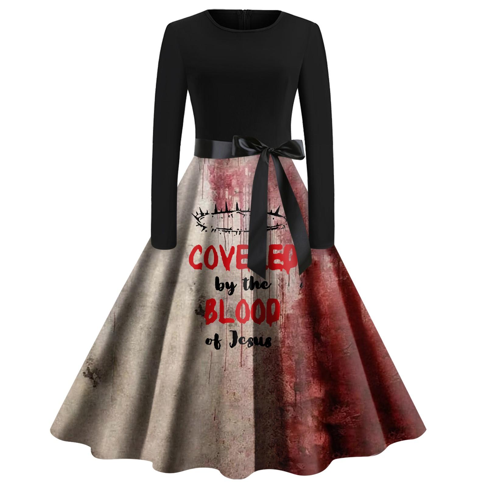 

Women Halloween Print Flare Dress Long Sleeve O-Neck Dress Party Casual Dresses S червоний
