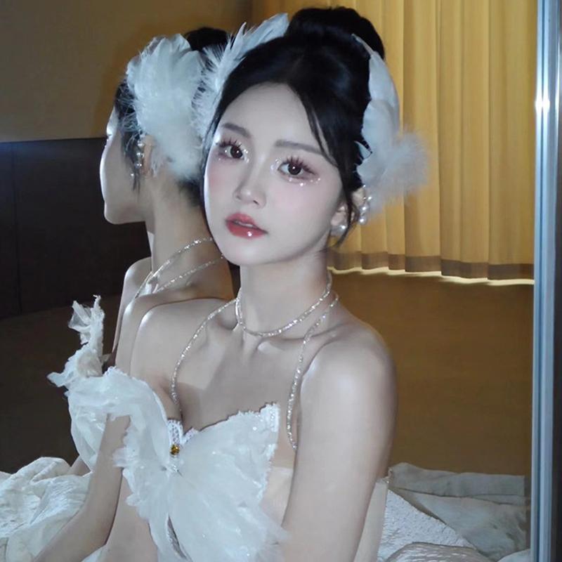 White Swan Feather Faux Pearl Hairpin Headwear Ballet Style Stage Performance Side Clip Girl Party Hair Accessories Gifts