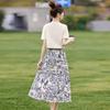 Fashion Blue and White Porcelain Printing Upper and Lower Two-piece Skirt Set for Women's Summer New Cool T-shirt with Skirt Set