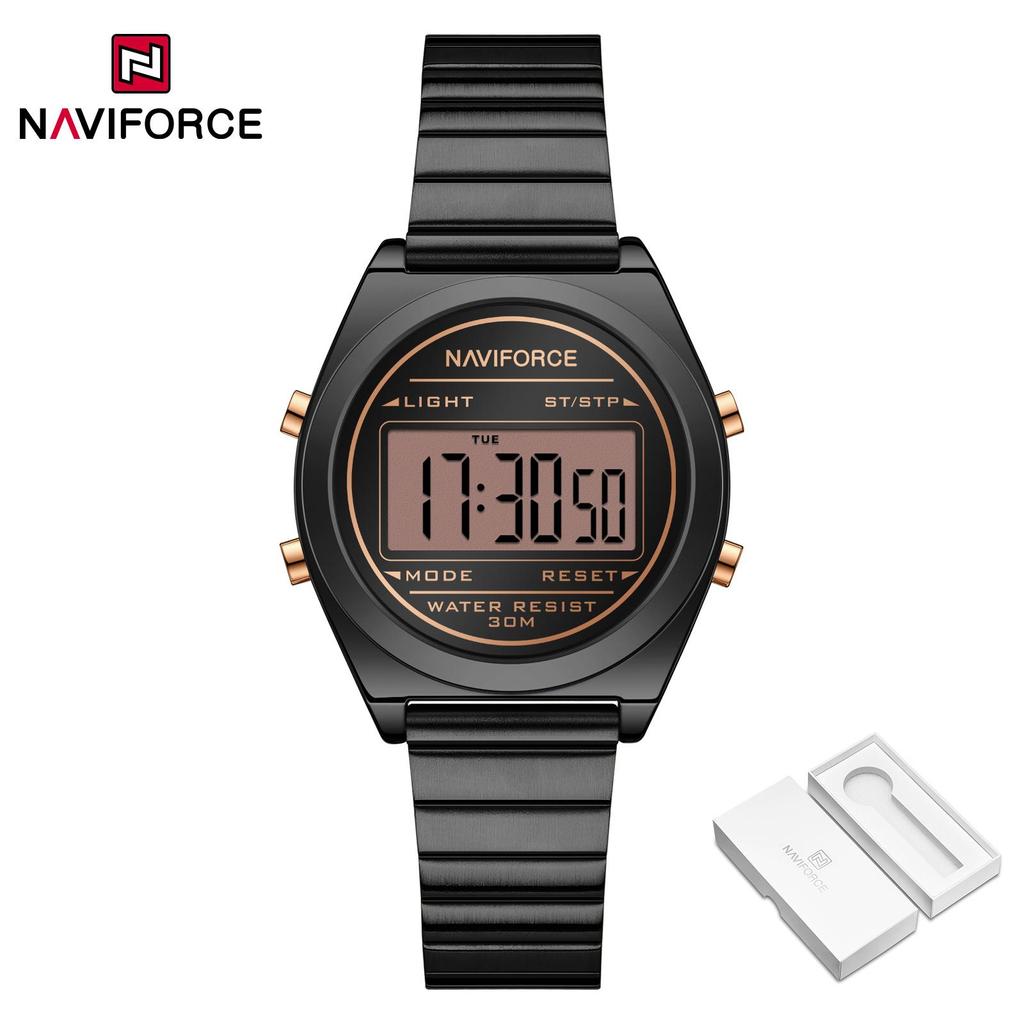 Naviforce Original Women Digital Watch Stainless Steel Strap Waterproof Calendar Chronograph Night Pattern Lady Girl Casual Fashion Watch NF5066