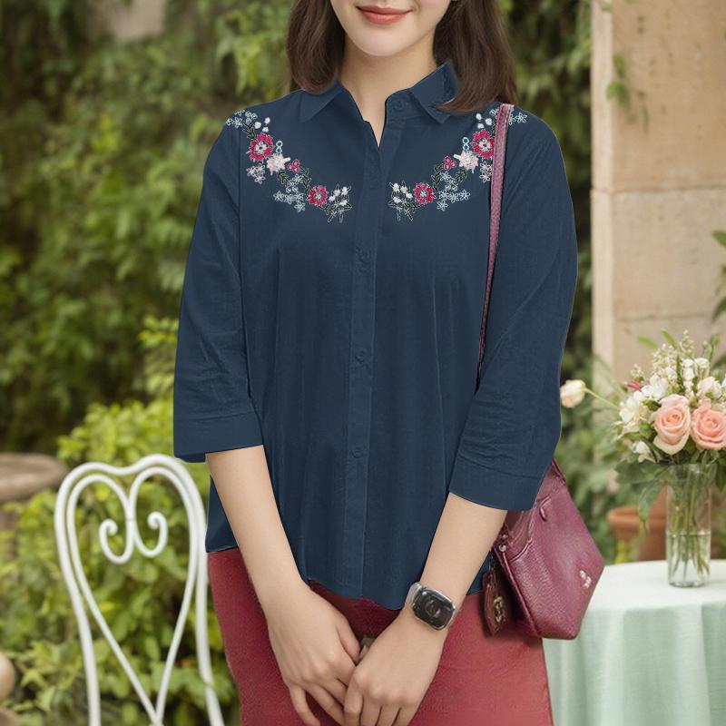 ZANZEA Dame Casual Nedslått Krage 3/4 Erme Blomsterbroderi Bluse