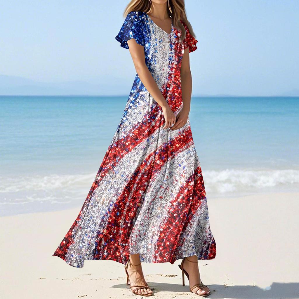 Dámské letní ležérní módní šaty s barevným potiskem Šaty s krátkým rukávem s výstřihem do V