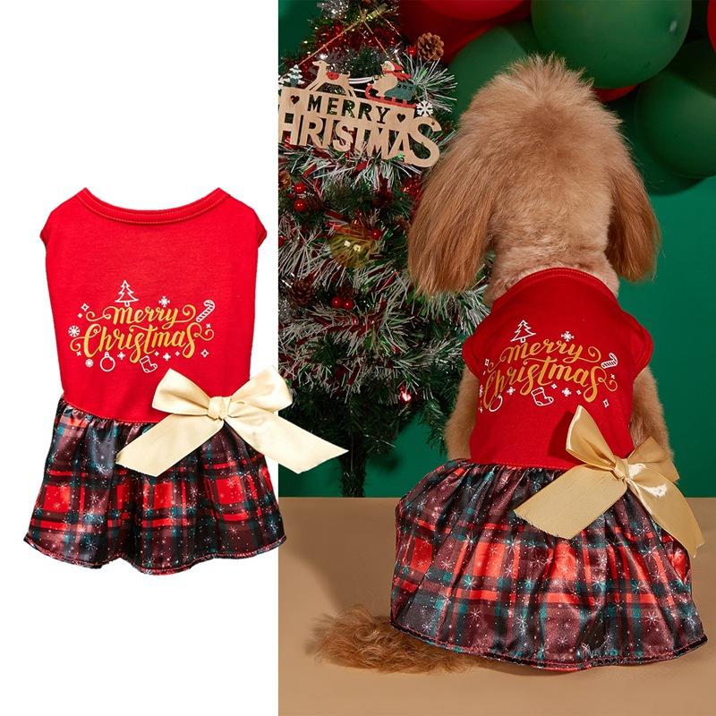 European and American Hot-Selling Bow Ribbon Cat Clothes Christmas Print Teddy Dress Dog Dress Pet Princess Dress