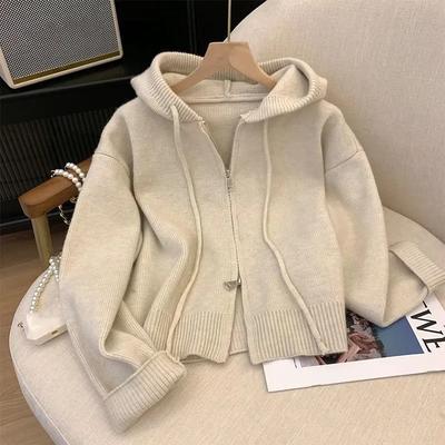 Damen Frühling Herbst Design Kapuzenpullover Strickjacke Tops Weiblich Locker Reißverschluss Strickwaren Mantel Dame Langärmige Oberbekleidung